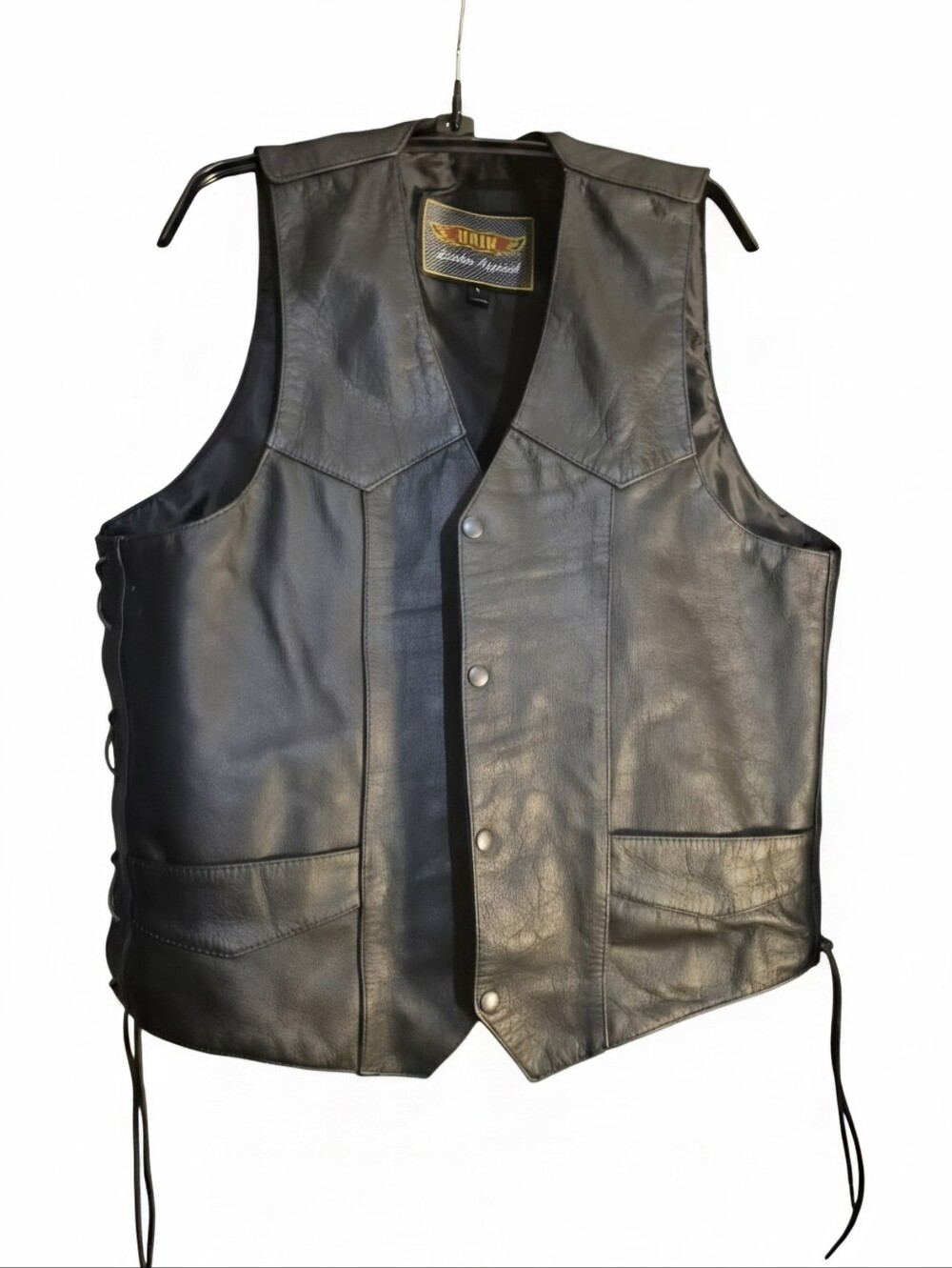 Vintage Unik Black Leather Biker Vest with Snap Front